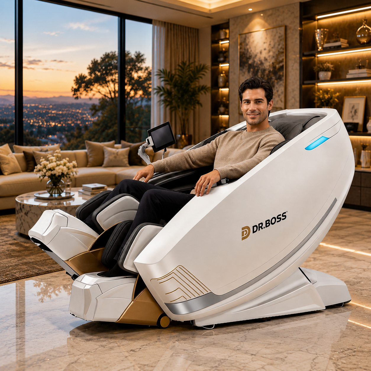 FJ-9000 DR.BOSS AI 4D robotic massage chair in a luxury home